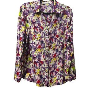 Coldwater Creek sz XL cotton silk purple floral button front blouse FLAW